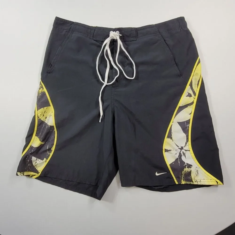 Nike Swim Trunks Mens Large Black Yellow‎ Logo Spellout Swosh